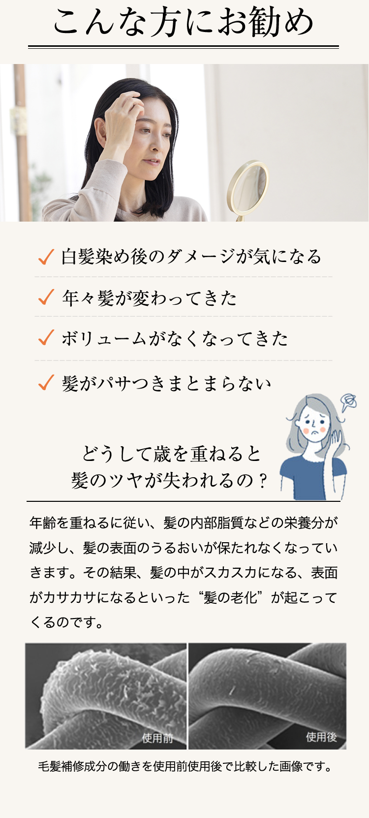 年齢を重ねるに従い、髪の内部脂質などの栄養分が減少し、髪の表面のうるおいが保たれなくなっていきます。その結果、髪の中がスカスカになる、表面がカサカサになるといった“髪の老化”が起こってくるのです。